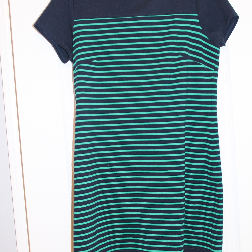 Navy and green striped dress; lots of stretch